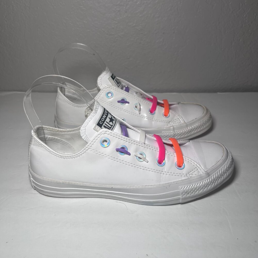 Converse Chuck Taylor All Star White Low Top Sneakers Colorful Laces - Picture 2 of 9